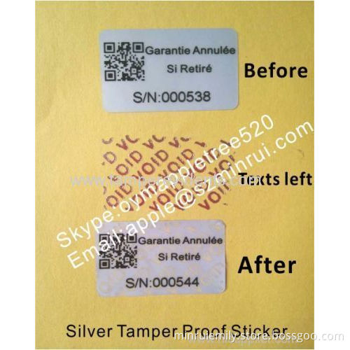 Custom Silver Tamper Proof Void Stickers,waterproof Warranty Security Sticker,silver Tamper Evident Warranty Labels 